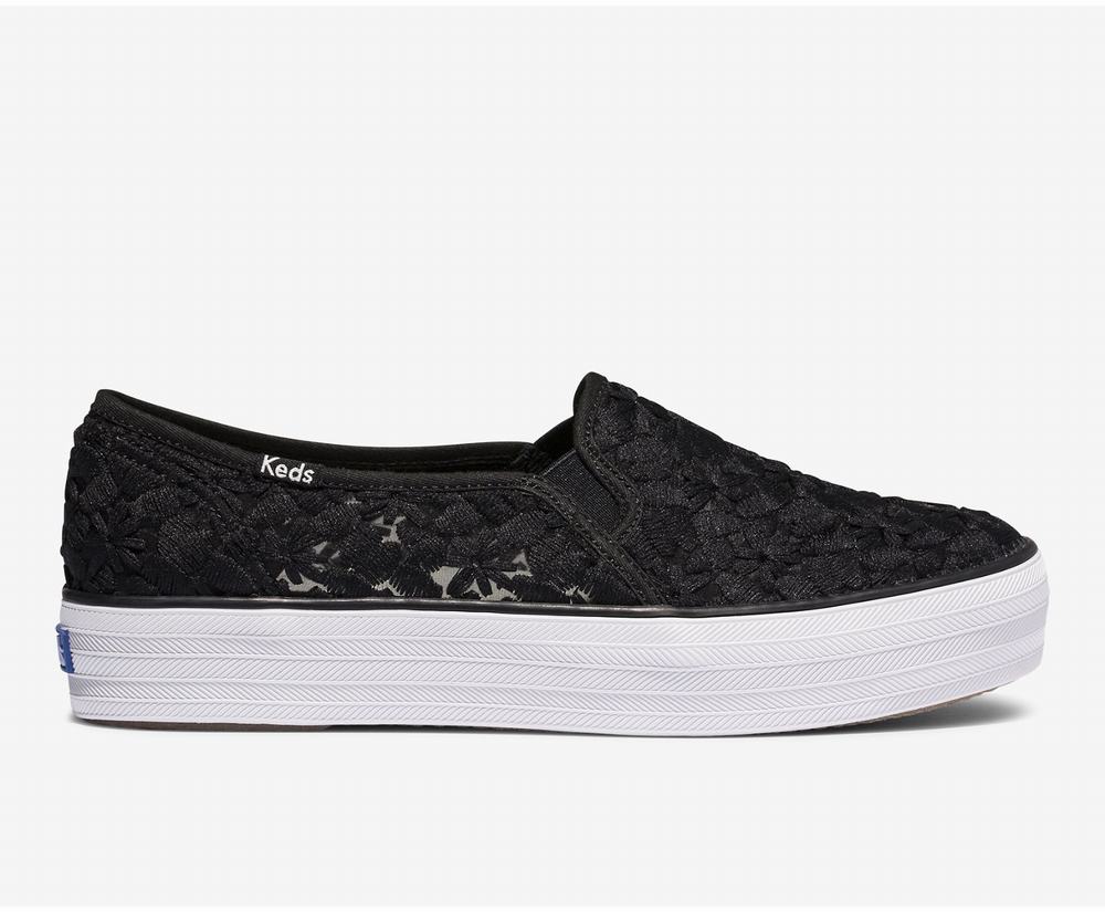 Women's Keds Triple Decker Floral Embroidery Slip Ons Black 6802157KS - South Africa